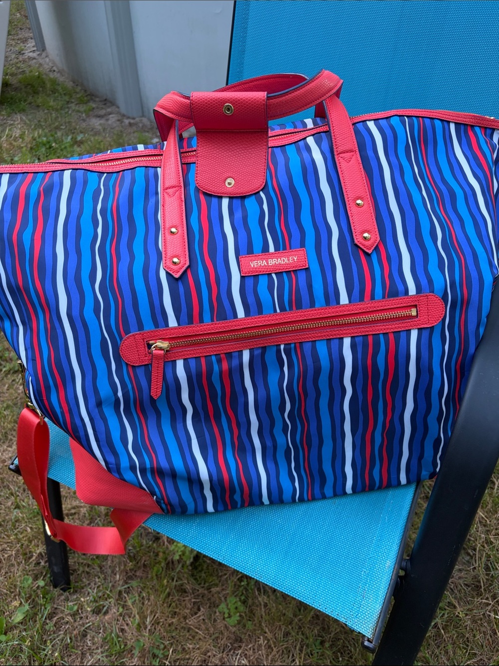 Vera Bradley Striped Red and Blue and white large travel, bag luggage duffel